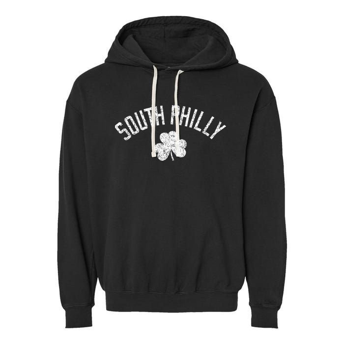 South Philly Text Irish Shamrock Distressed White Print Garment-Dyed Fleece Hoodie