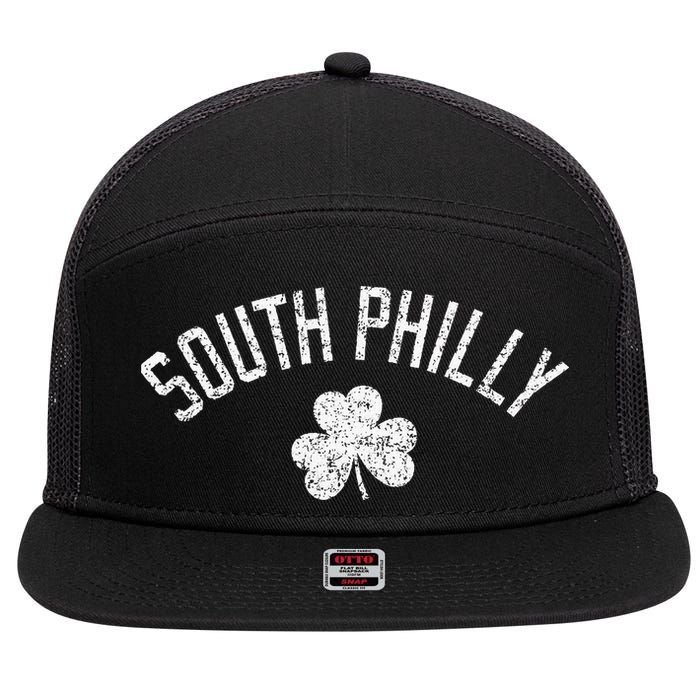 South Philly Text Irish Shamrock Distressed White Print 7 Panel Mesh Trucker Snapback Hat