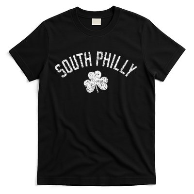 South Philly Text Irish Shamrock Distressed White Print T-Shirt