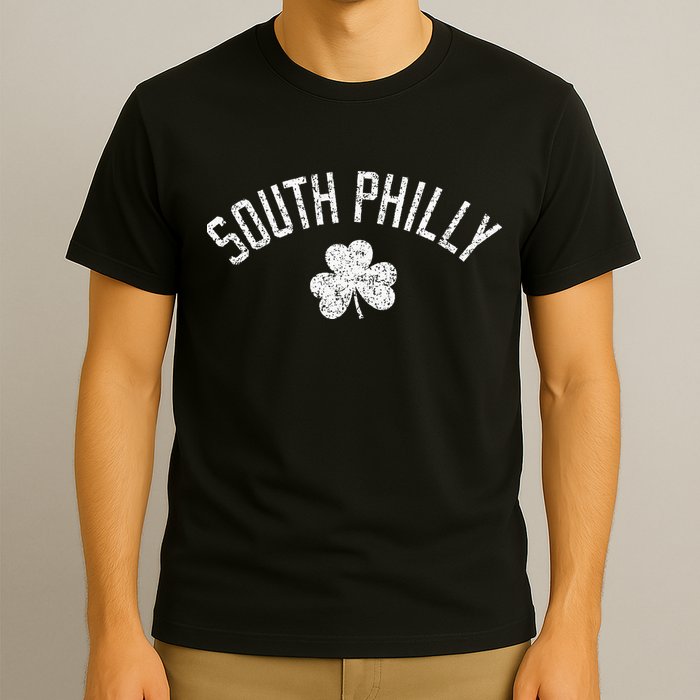 South Philly Text Irish Shamrock Distressed White Print T-Shirt