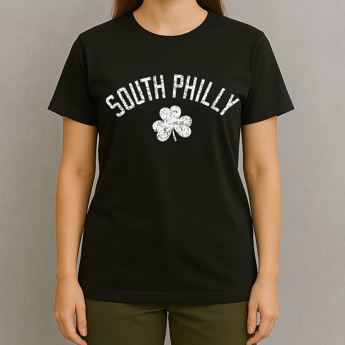 South Philly Text Irish Shamrock Distressed White Print T-Shirt