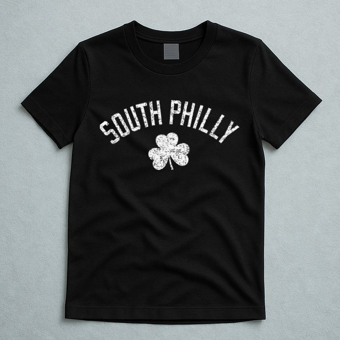 South Philly Text Irish Shamrock Distressed White Print T-Shirt