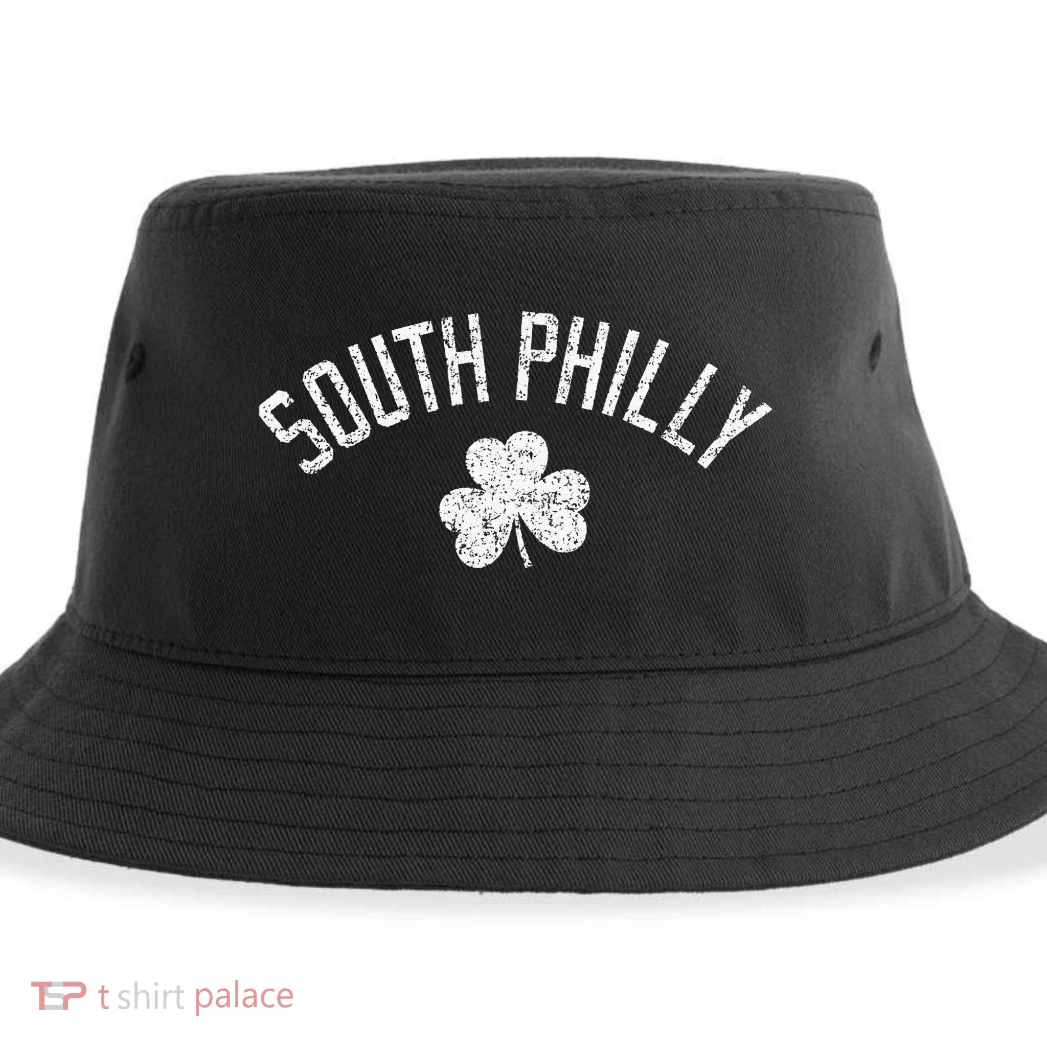 South Philly Text Irish Shamrock Distressed White Print Sustainable Bucket Hat
