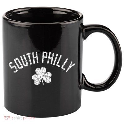 South Philly Text Irish Shamrock Distressed White Print 11oz C Handle Ceramic Mug