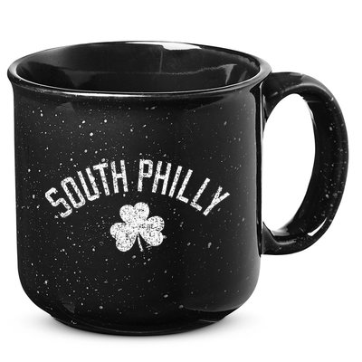South Philly Text Irish Shamrock Distressed White Print 15oz Campfire Ceramic Mug