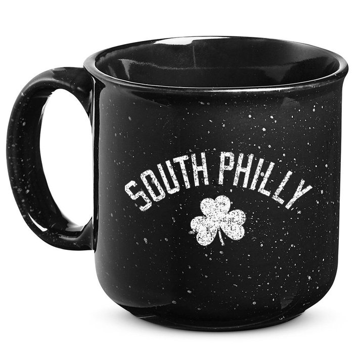 South Philly Text Irish Shamrock Distressed White Print 15oz Campfire Ceramic Mug