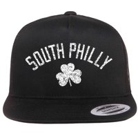 South Philly Text Irish Shamrock Distressed White Print Flat Bill Trucker Hat