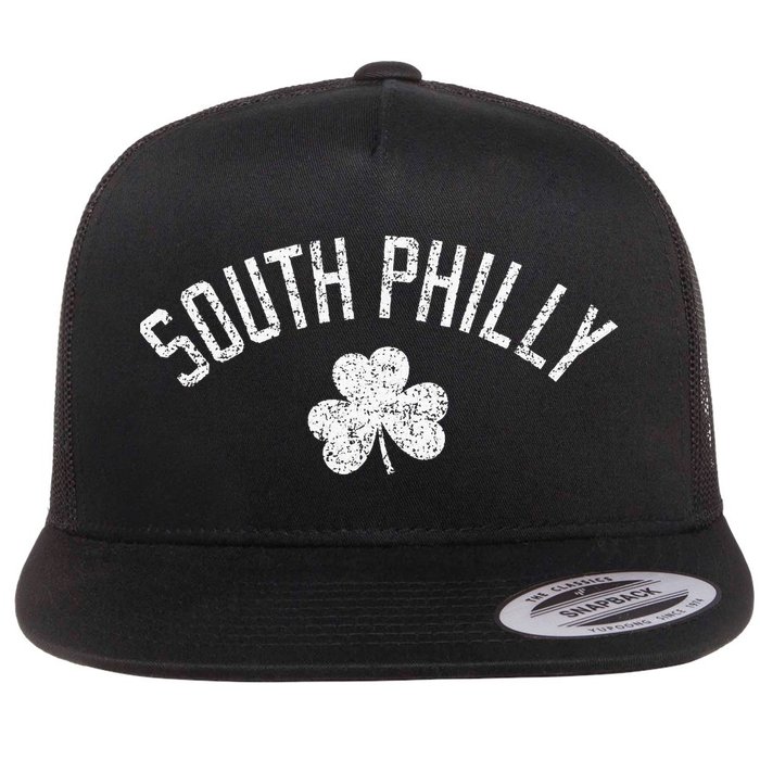 South Philly Text Irish Shamrock Distressed White Print Flat Bill Trucker Hat