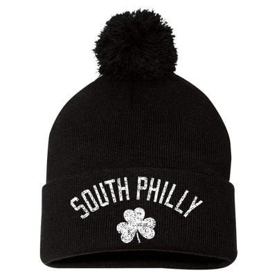 South Philly Text Irish Shamrock Distressed White Print Pom Pom 12in Knit Beanie