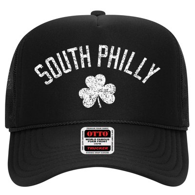 South Philly Text Irish Shamrock Distressed White Print Trucker Hat