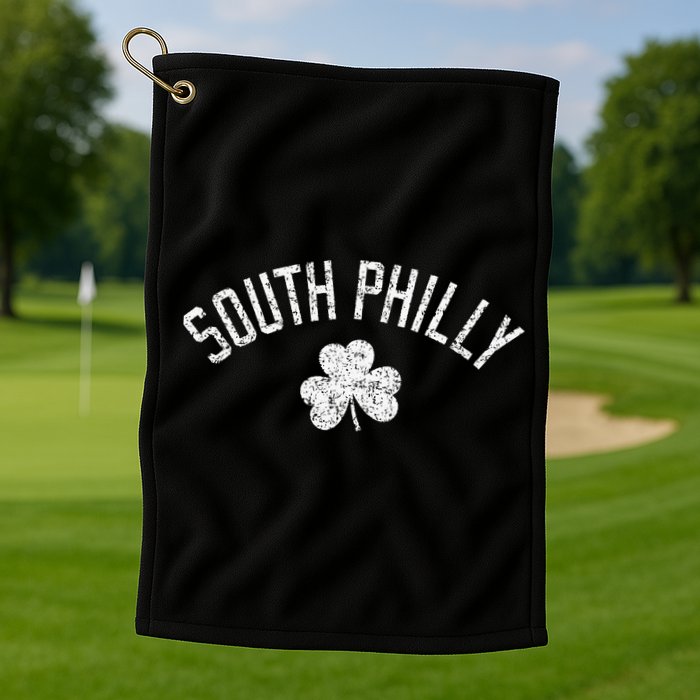 South Philly Text Irish Shamrock Distressed White Print Golf Towel