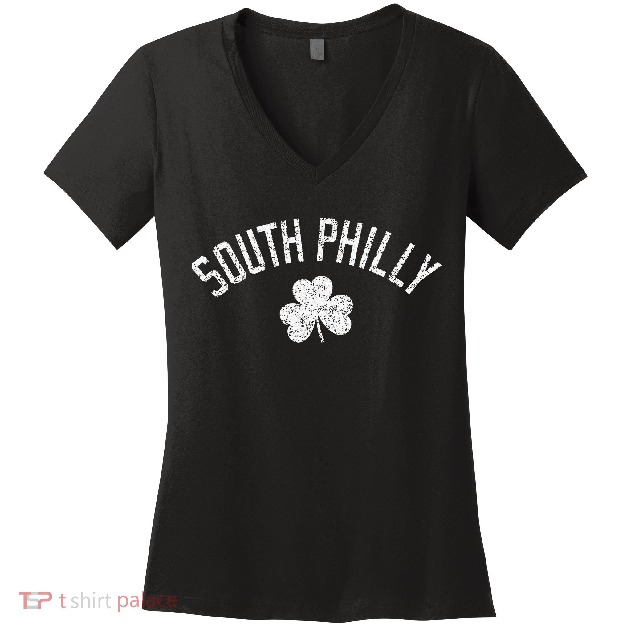 South Philly Text Irish Shamrock Distressed White Print Women's V-Neck T-Shirt