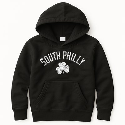 South Philly Text Irish Shamrock Distressed White Print Kids Hoodie