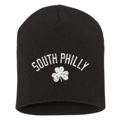 South Philly Text Irish Shamrock Distressed White Print Short Acrylic Beanie