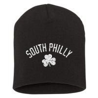 South Philly Text Irish Shamrock Distressed White Print Short Acrylic Beanie