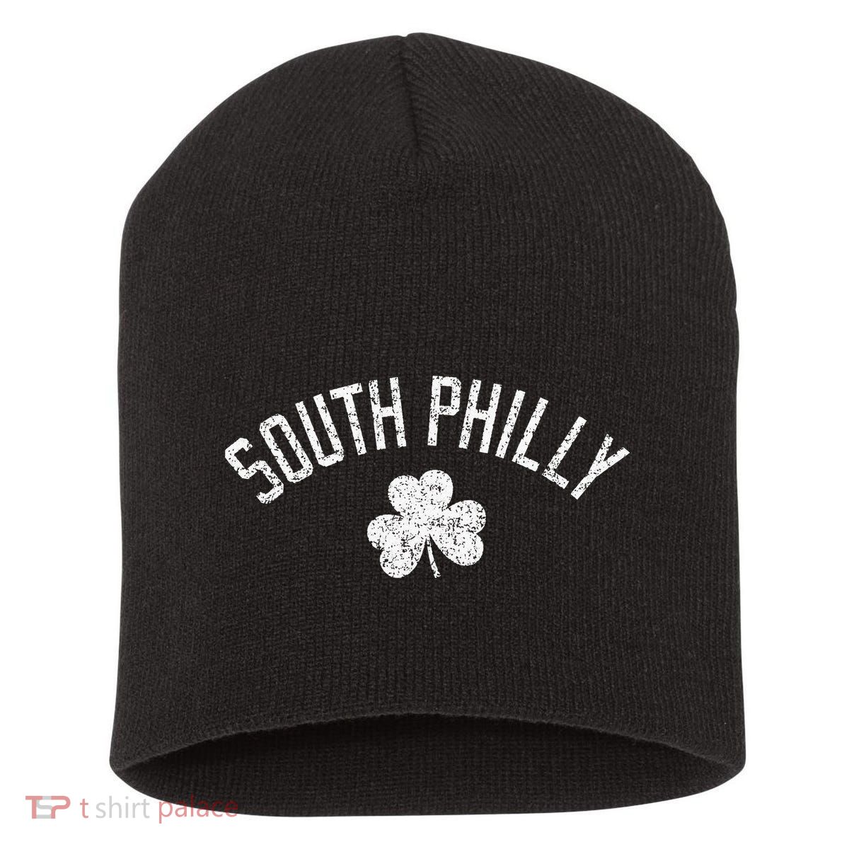 South Philly Text Irish Shamrock Distressed White Print Short Acrylic Beanie