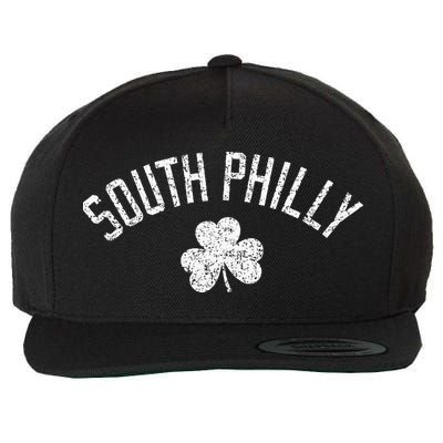 South Philly Text Irish Shamrock Distressed White Print Wool Snapback Cap