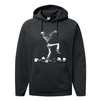 Skeleton Playing Trumpet Instruments Musician Halloween Performance Fleece Hoodie