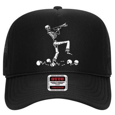 Skeleton Playing Trumpet Instruments Musician Halloween High Crown Mesh Back Trucker Hat