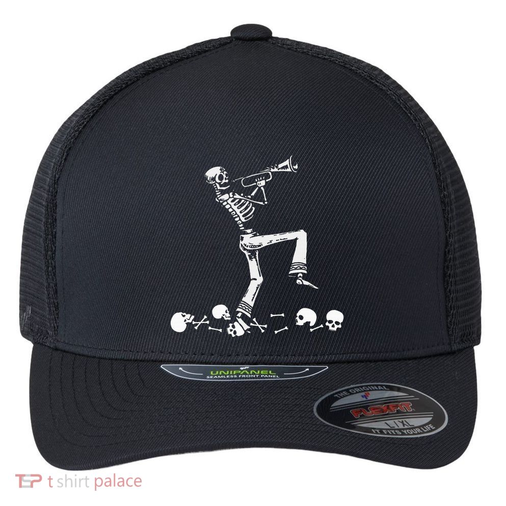Skeleton Playing Trumpet Instruments Musician Halloween Flexfit Unipanel Trucker Cap