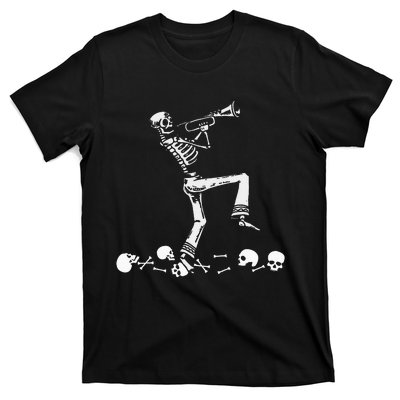 Skeleton Playing Trumpet Instruments Musician Halloween T-Shirt