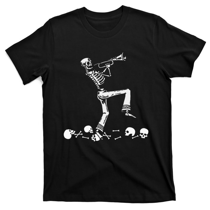 Skeleton Playing Trumpet Instruments Musician Halloween T-Shirt