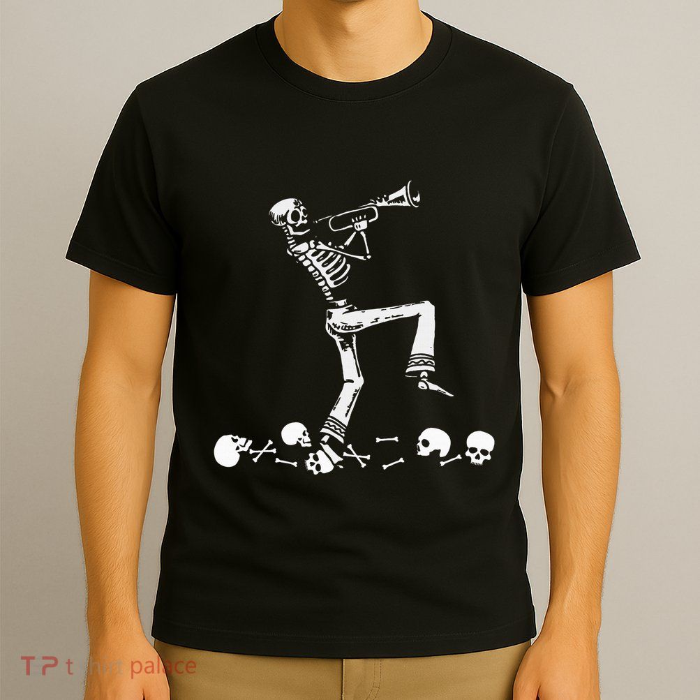 Skeleton Playing Trumpet Instruments Musician Halloween T-Shirt