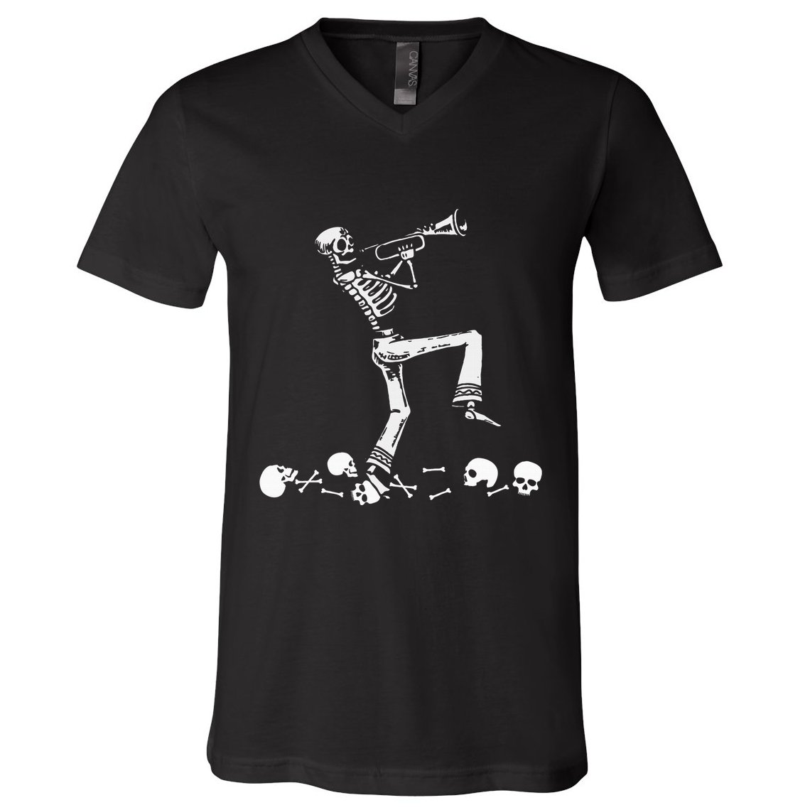 Skeleton Playing Trumpet Instruments Musician Halloween V-Neck T-Shirt