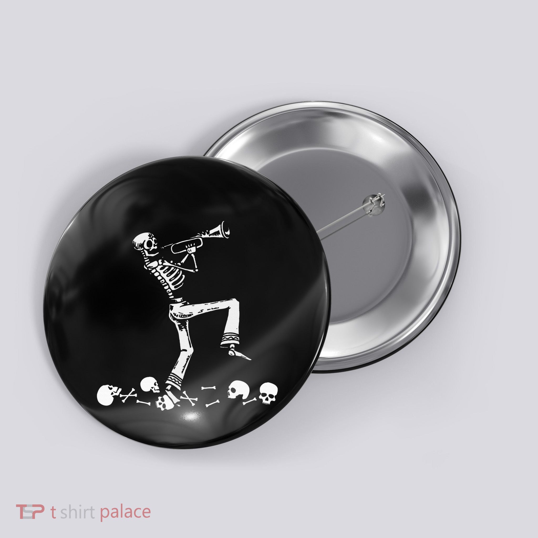Skeleton Playing Trumpet Instruments Musician Halloween Button