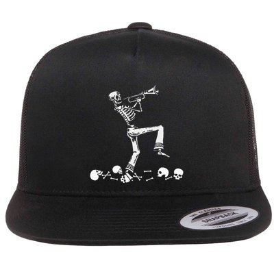 Skeleton Playing Trumpet Instruments Musician Halloween Flatbill Hat