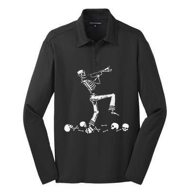 Skeleton Playing Trumpet Instruments Musician Halloween Silk Touch Performance Long Sleeve Polo