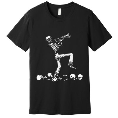Skeleton Playing Trumpet Instruments Musician Halloween Premium T-Shirt