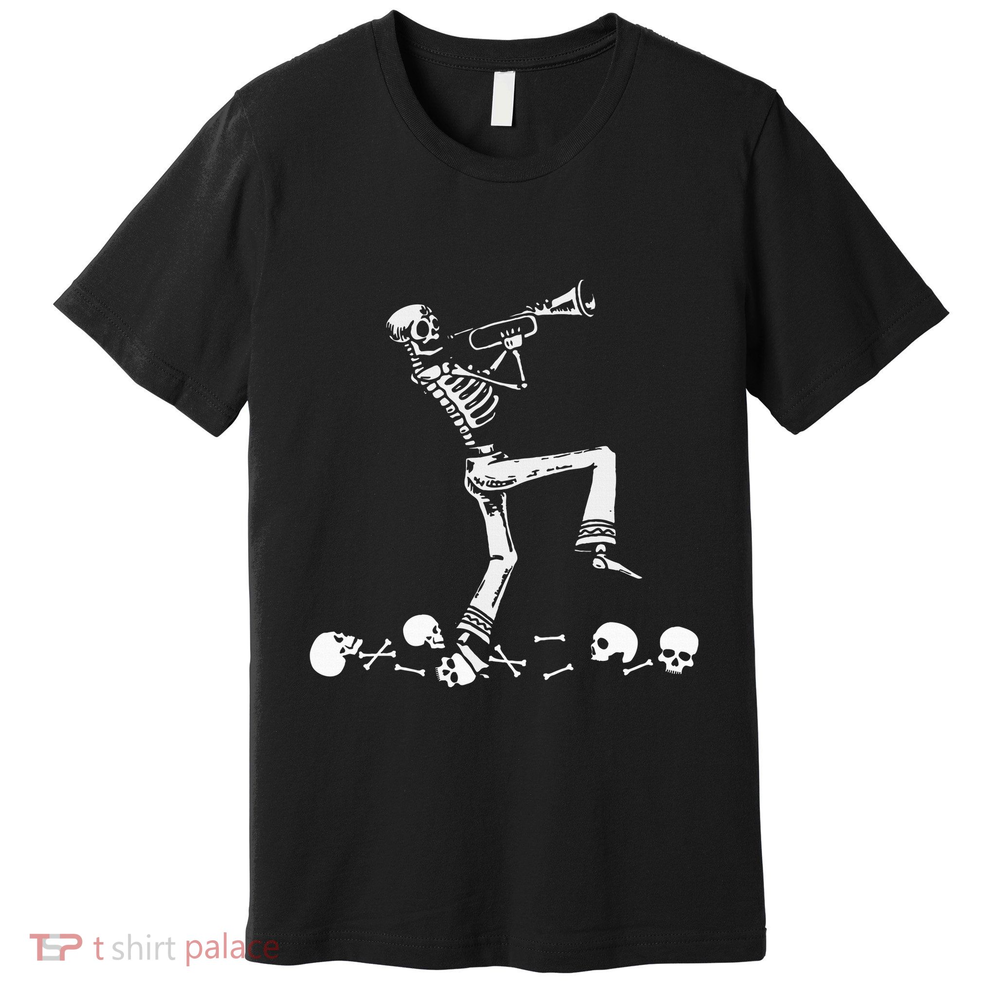 Skeleton Playing Trumpet Instruments Musician Halloween Premium T-Shirt