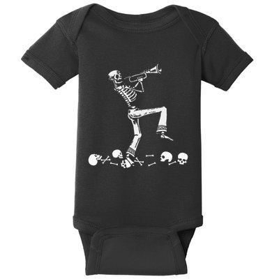 Skeleton Playing Trumpet Instruments Musician Halloween Baby Bodysuit