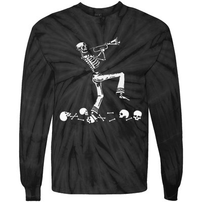 Skeleton Playing Trumpet Instruments Musician Halloween Tie-Dye Long Sleeve Shirt