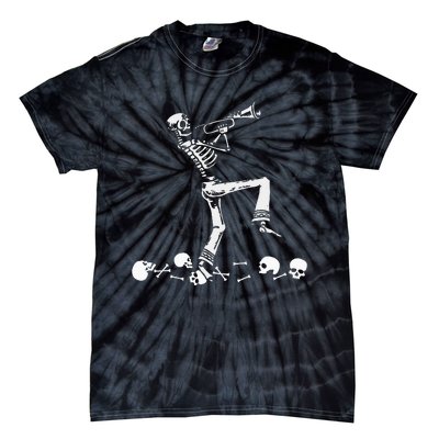 Skeleton Playing Trumpet Instruments Musician Halloween Tie-Dye T-Shirt