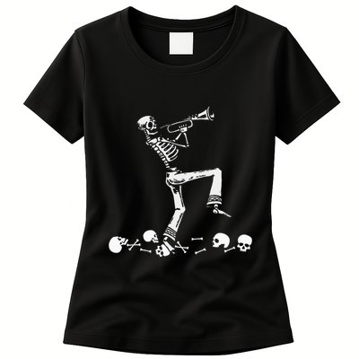 Skeleton Playing Trumpet Instruments Musician Halloween Womens T-Shirt
