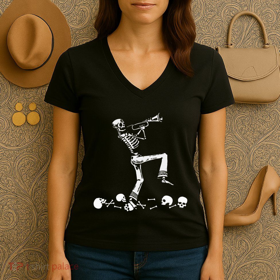 Skeleton Playing Trumpet Instruments Musician Halloween Women's V-Neck T-Shirt