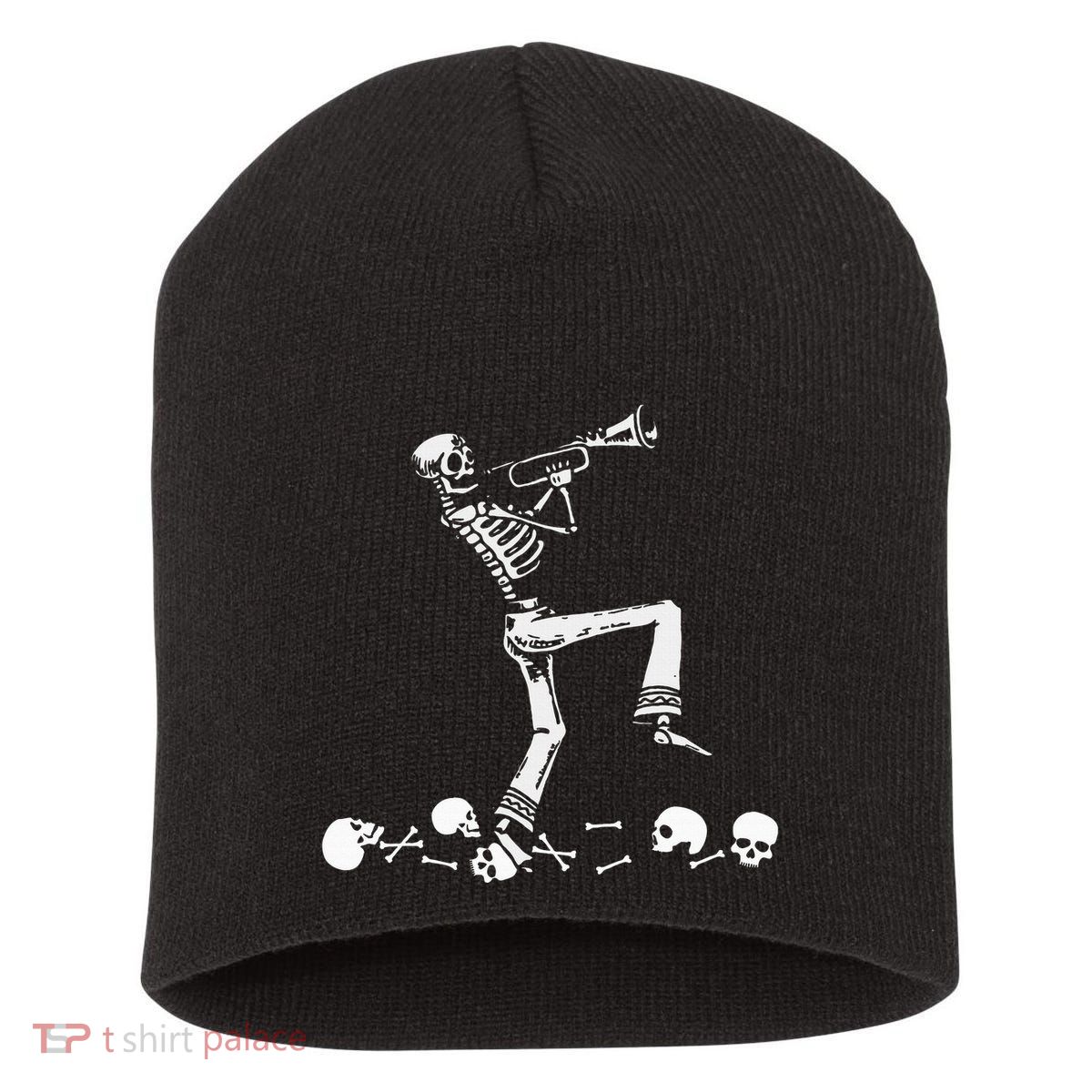 Skeleton Playing Trumpet Instruments Musician Halloween Short Acrylic Beanie