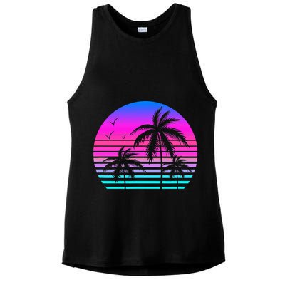 Sunset Palm Tree Cool Summer Vacation Style Vaporwave Ladies PosiCharge Tri-Blend Wicking Tank
