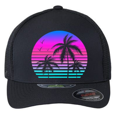Sunset Palm Tree Cool Summer Vacation Style Vaporwave Flexfit Unipanel Trucker Cap