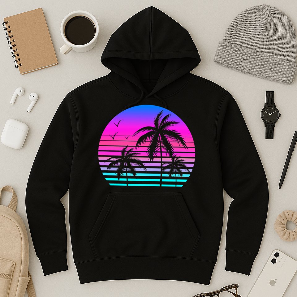 Sunset Palm Tree Cool Summer Vacation Style Vaporwave Hoodie