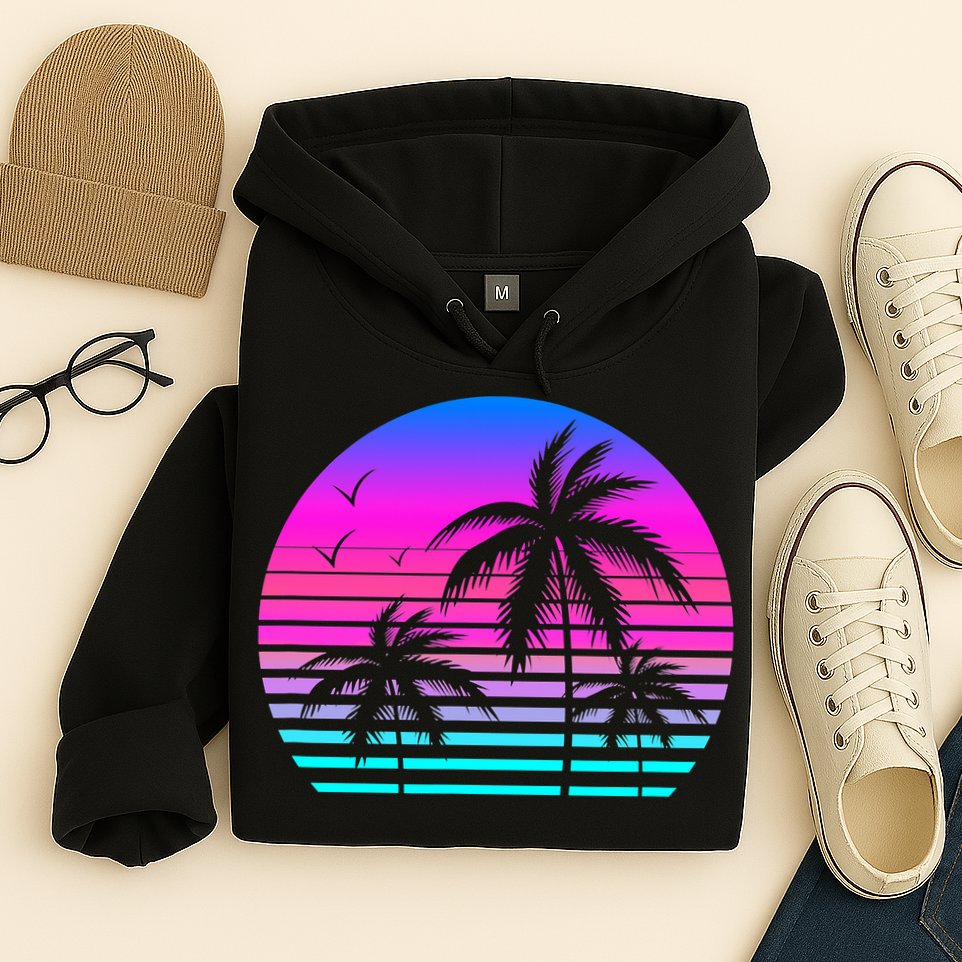 Sunset Palm Tree Cool Summer Vacation Style Vaporwave Hoodie