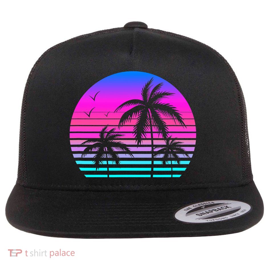 Sunset Palm Tree Cool Summer Vacation Style Vaporwave Flatbill Hat