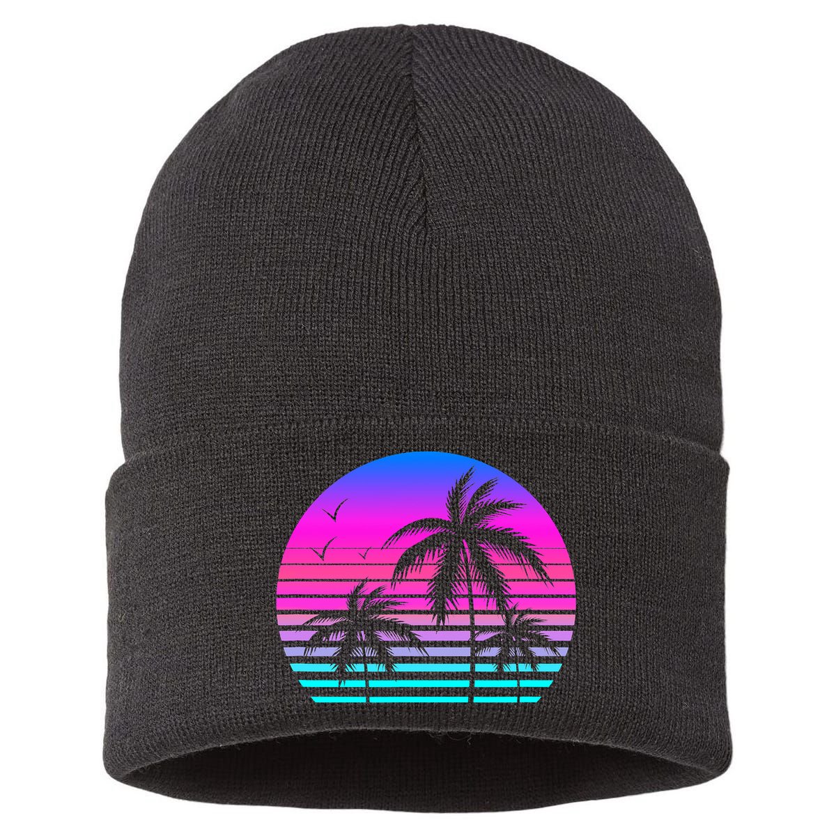 Sunset Palm Tree Cool Summer Vacation Style Vaporwave Sustainable Knit Beanie
