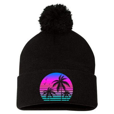 Sunset Palm Tree Cool Summer Vacation Style Vaporwave Pom Pom 12in Knit Beanie