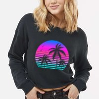 Sunset Palm Tree Cool Summer Vacation Style Vaporwave Cropped Pullover Crew