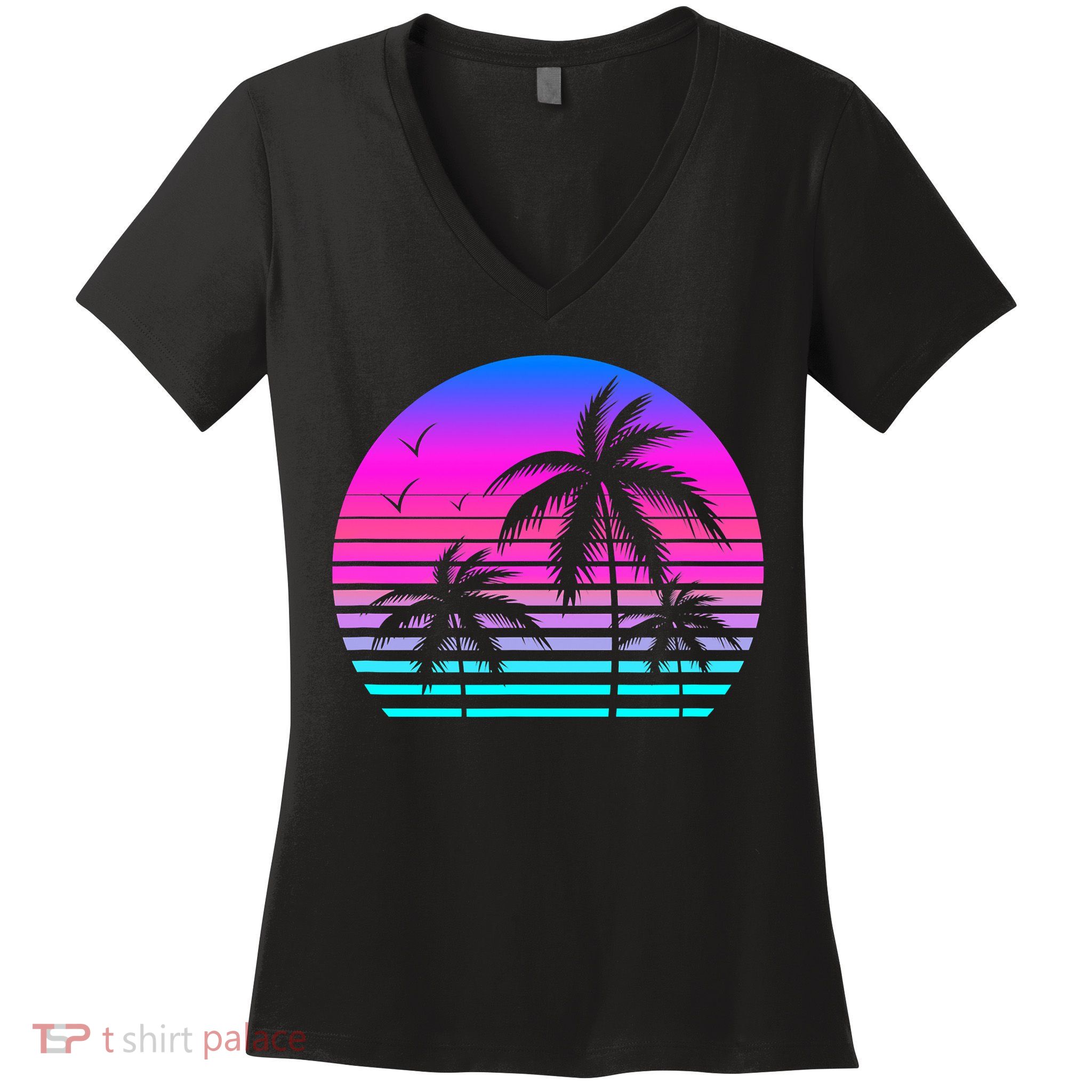 Sunset Palm Tree Cool Summer Vacation Style Vaporwave Women's V-Neck T-Shirt