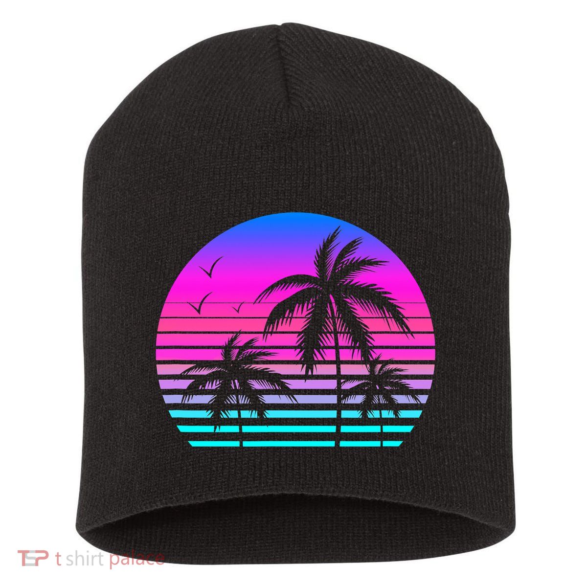Sunset Palm Tree Cool Summer Vacation Style Vaporwave Short Acrylic Beanie