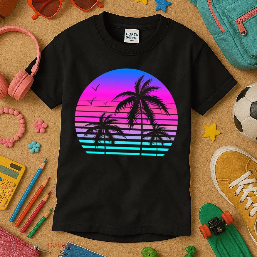 Sunset Palm Tree Cool Summer Vacation Style Vaporwave Kids T-Shirt